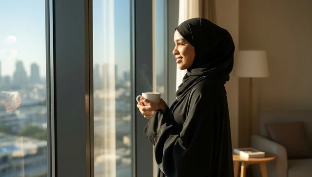 Emirati Woman in Abaya at City View Window