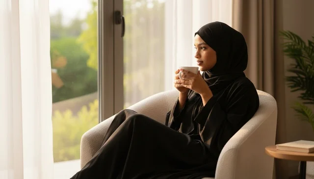 امرأة عربية بالعباءة تشرب القهوة بجانب نافذة المنزل