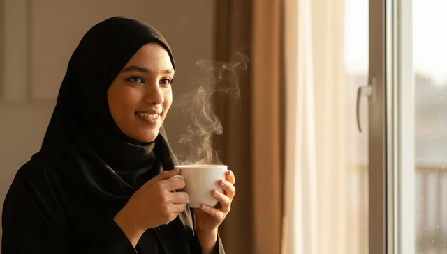 Saudi Woman in Black Abaya Holding Steaming Mug Indoor