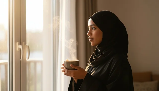 امرأة عربية بالحجاب تحمل كوب شاي بجانب النافذة امرأة عربية بالحجاب تحمل كوب شاي بجانب النافذة