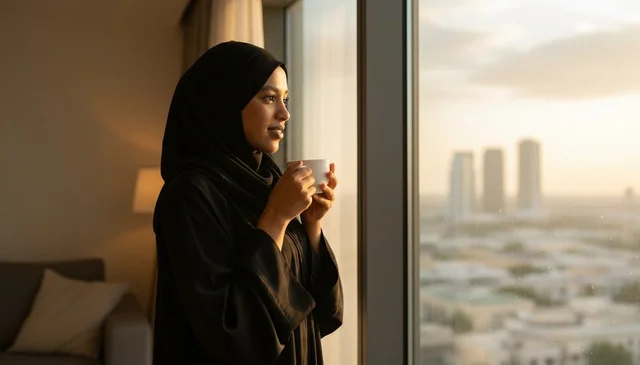 Emirati Woman in Abaya Drinking Coffee at Sunset Emirati Woman in Abaya Drinking Coffee at Sunset