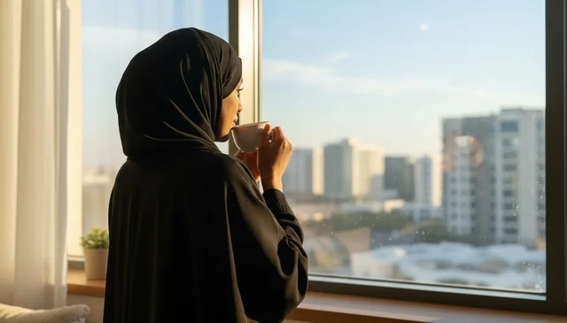 امرأة إماراتية بالعباءة تطل على المدينة وقت الغروب