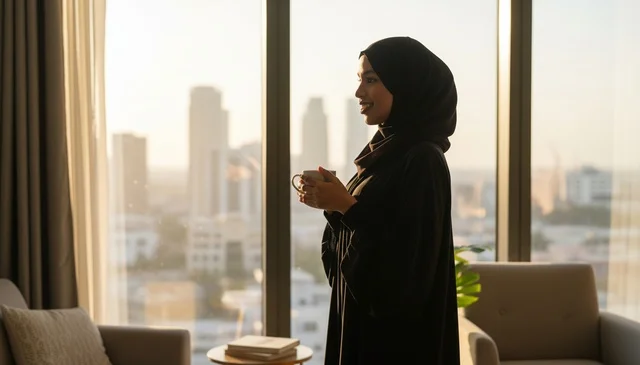 Emirati Woman in Abaya Looking at City Sunset View