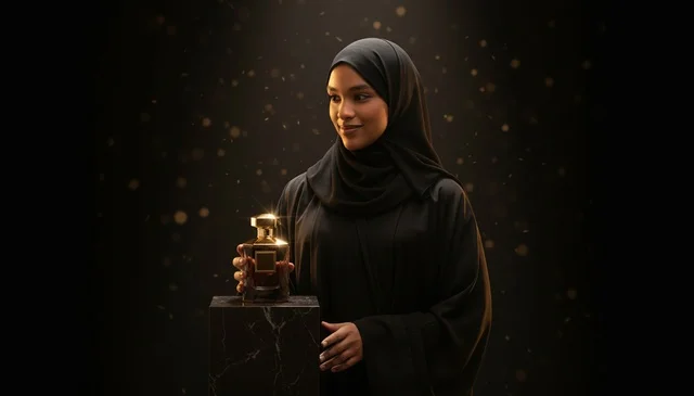Saudi Woman Holding Luxury Perfume Bottle in Abaya
