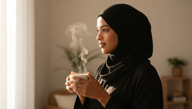 Somali Woman in Hijab with Steaming Coffee Cup