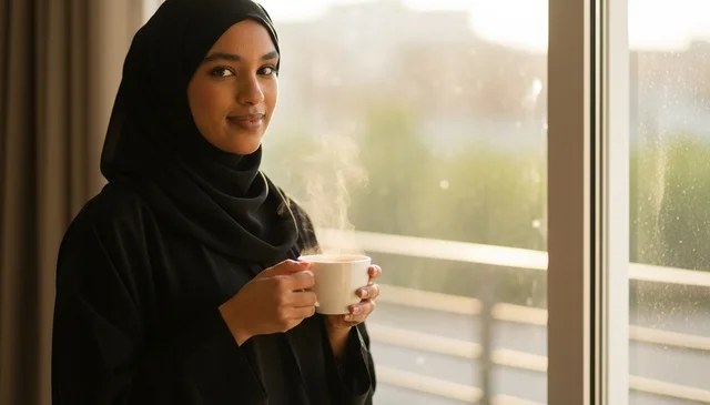 امرأة أفريقية محجبة تحمل كوب قهوة بجانب النافذة