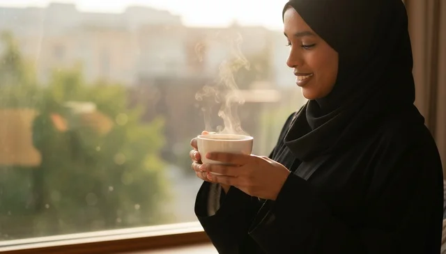 امرأة أفريقية بالحجاب تشرب القهوة بجانب النافذة