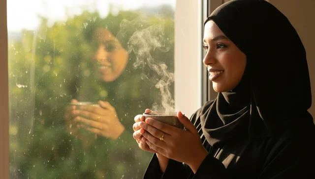 امرأة سعودية بالحجاب تحمل كوب شاي ساخن بجانب النافذة