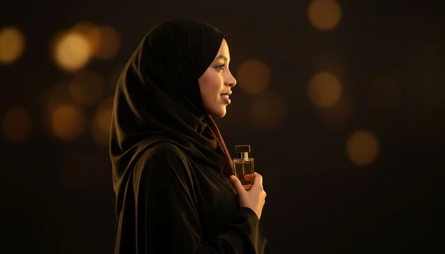 امرأة سعودية بالعباءة تمسك زجاجة عطر مع أضواء بوكيه