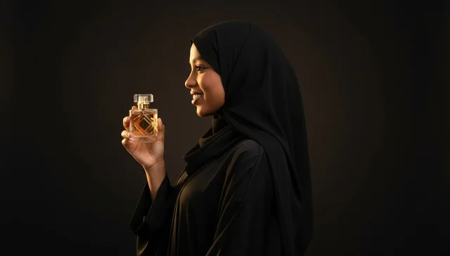 Somali Woman in Hijab Holding Perfume Bottle