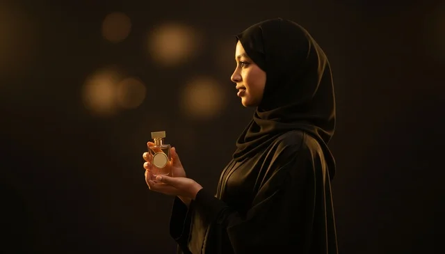 Saudi Woman in Black Abaya Holding Luxury Perfume