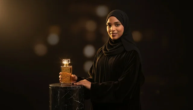 امرأة سعودية بالعباءة مع زجاجة عطر فاخرة