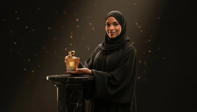Saudi Woman Holding Luxury Perfume Bottle in Abaya Saudi Woman Holding Luxury Perfume Bottle in Abaya