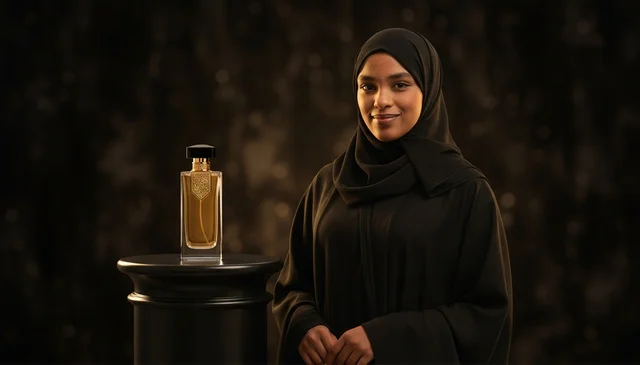امرأة إماراتية بالعباءة مع زجاجة عطر فاخرة امرأة إماراتية بالعباءة مع زجاجة عطر فاخرة