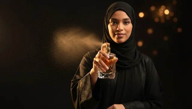 امرأة سعودية بالعباءة ترش عطراً فاخراً