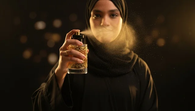 Arab Woman Spraying Luxury Perfume Mist Close-up