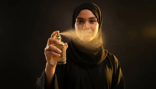 امرأة سعودية ترش زجاجة عطر ذهبية فاخرة