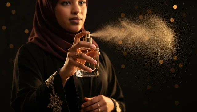 امرأة سعودية بالعباءة تقوم برش عطر فاخر