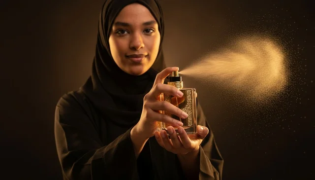 امرأة سعودية ترش رذاذ العطر في الاستوديو