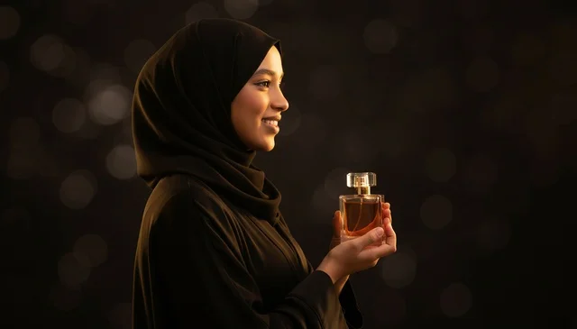 Emirati Woman with Perfume Bottle in Black Abaya