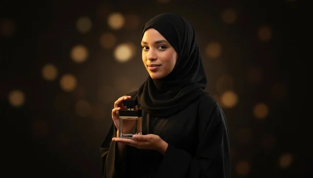 Arab Woman in Hijab Holding Luxury Perfume Bottle