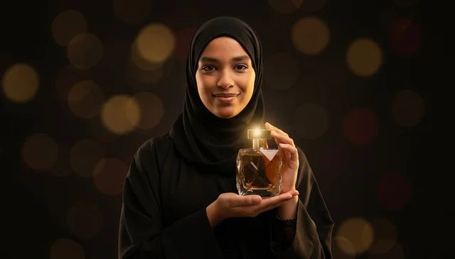 امرأة سعودية بالعباءة السوداء تحمل زجاجة عطر فاخرة