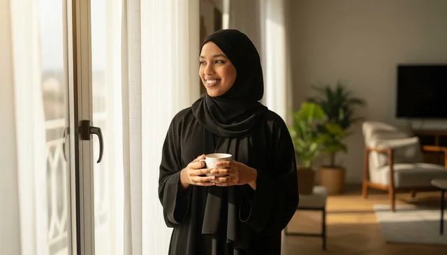 امرأة سعودية بالعباءة السوداء تمسك كوب قهوة بجوار النافذة