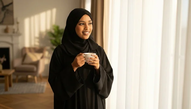 امرأة سمراء بالحجاب والعباءة تشرب القهوة بجانب النافذة