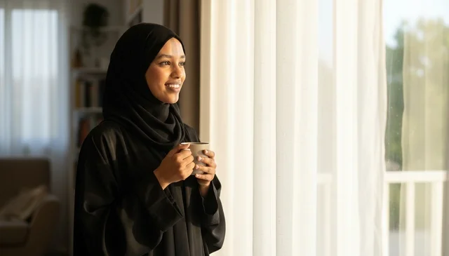Smiling Hijabi Woman Holding Coffee Mug at Window