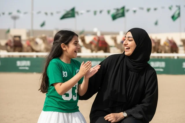 Saudi Woman and Girl Laughing at Camel Festival