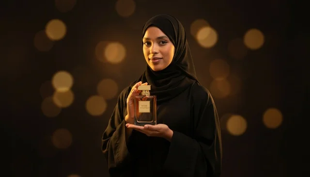 Emirati Woman in Abaya Holding Perfume with Golden Bokeh