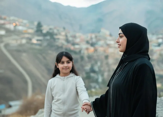Emirati Mother and Daughter in Abaya in Mountains