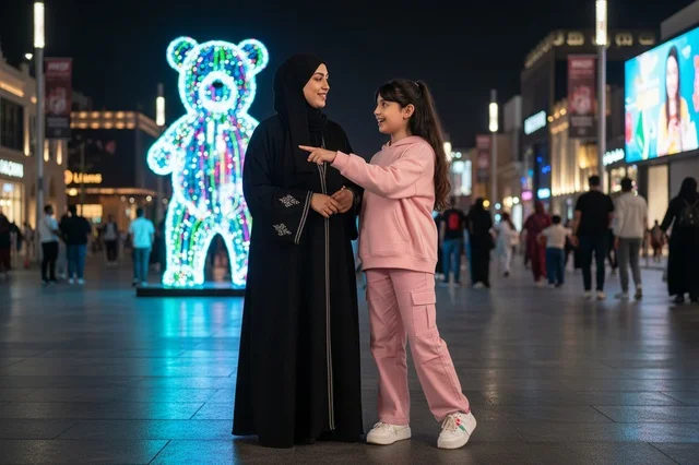 أم إماراتية وابنتها في ساحة عامة ليلاً مع مجسم مضيء