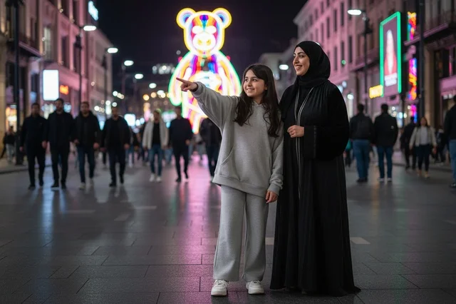 Arab Woman and Girl in City at Night
