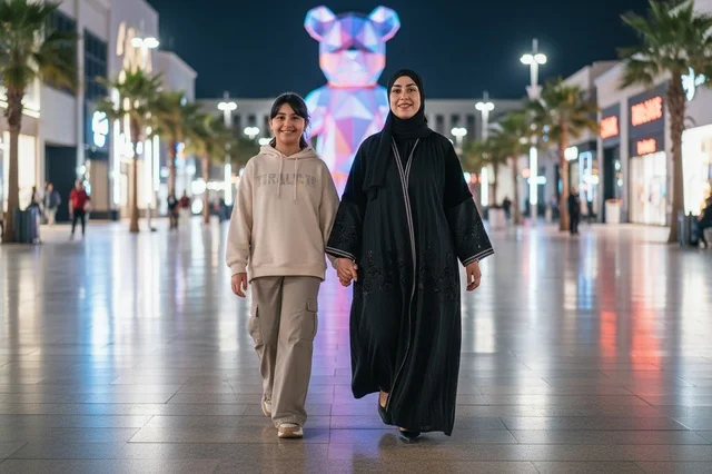 Saudi Woman and Girl Walking in Outdoor Mall at Night
