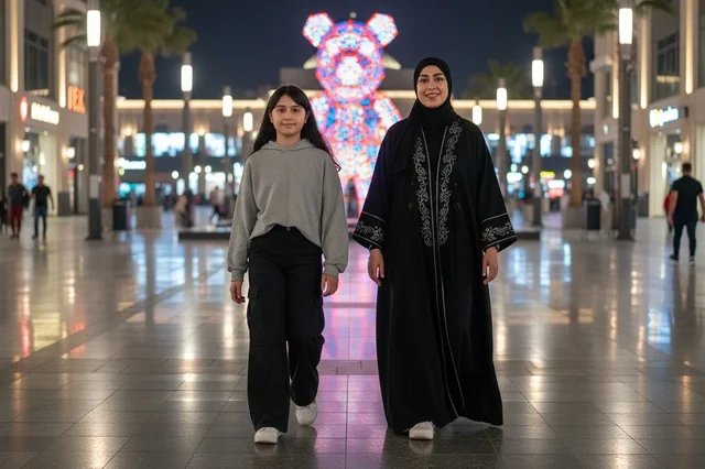 Arab Mother and Daughter at Night Shopping Mall