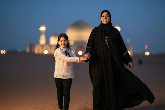 Emirati Mother and Daughter in Desert at Night