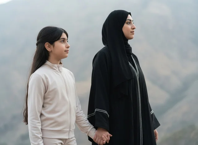 Emirati Woman and Girl in Mountains with Mist