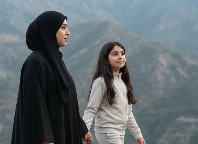 Arab Mother and Daughter Walking in Mountainous Landscape