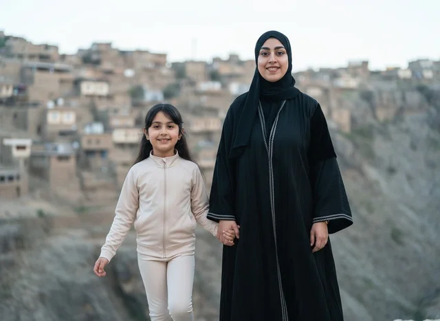 Arab Woman and Child in Hillside Mountain Village