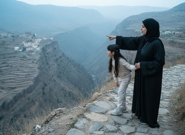 Saudi Woman in Abaya Overlooking Jazan Mountain Valley