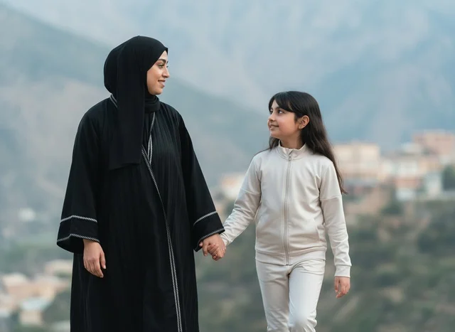 Emirati Mother and Daughter Walking in Mountains