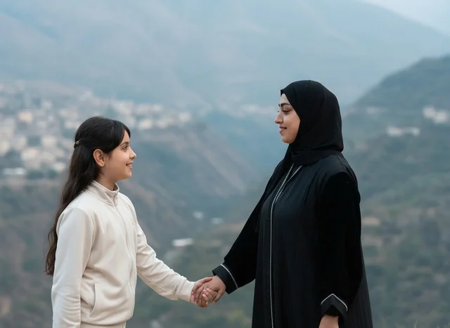 Saudi Mother and Daughter in Abaya in Mountains