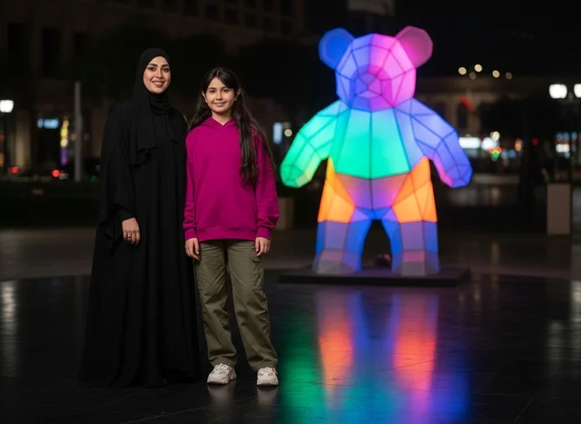 امرأة عربية وفتاة بجوار مجسم دب مضيء ليلاً