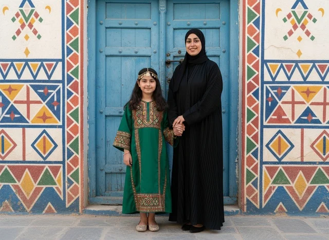 Saudi Woman and Girl in Traditional Dress by Blue Door