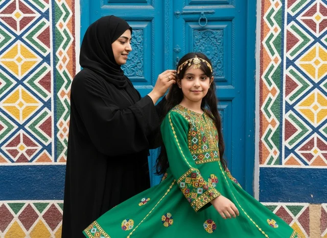 Saudi Woman and Girl in Traditional Asiri Heritage Dress