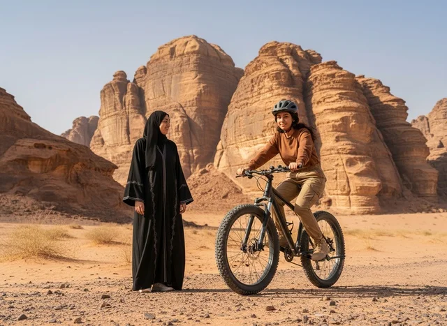 Saudi Women Mountain Biking in Al-Ula Desert