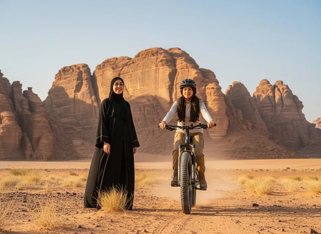 Saudi Women Cycling in AlUla Desert Landscape
