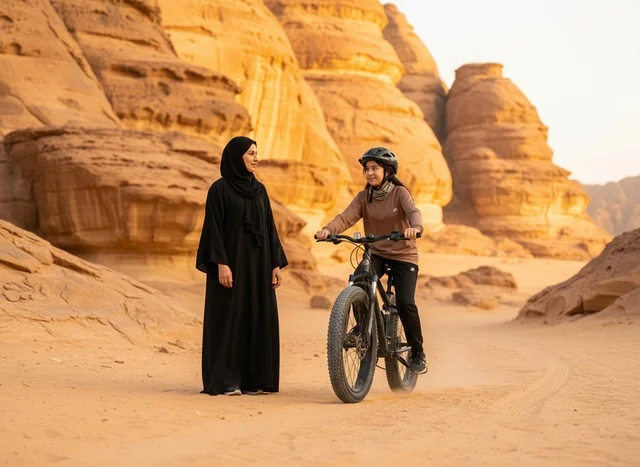 Saudi Woman and Child Biking in AlUla Desert
