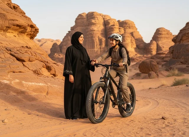 Saudi Mother and Daughter Cycling in Al-Ula Desert